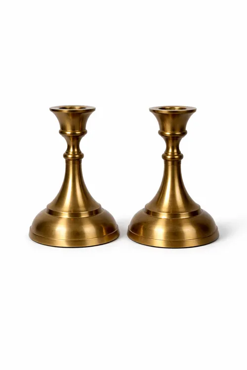  Wide Short Gold Taper Candle Holders - Set of 2