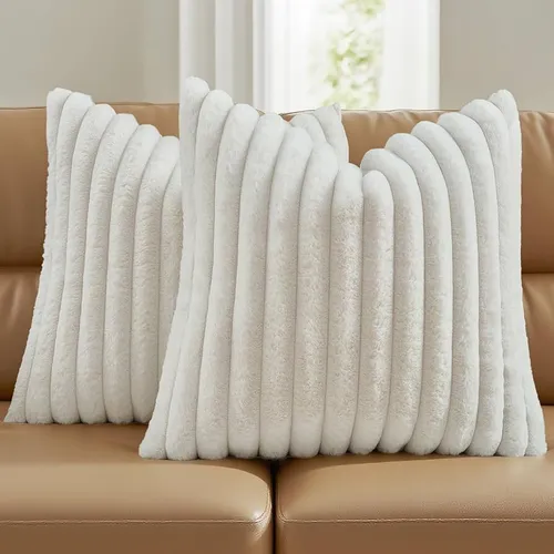 Faux Fur Striped Cushion Pillow Cover - Cream