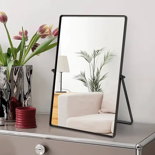 Desktop Makeup Mirror with Black Metal Standing 90° Rotation