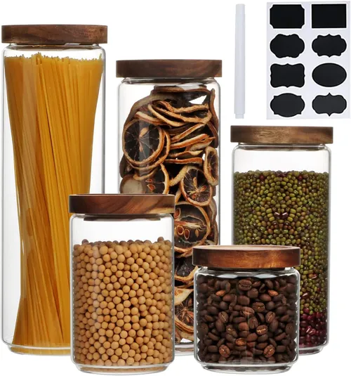 Glass Canisters With Wooden Lids - Set of 5