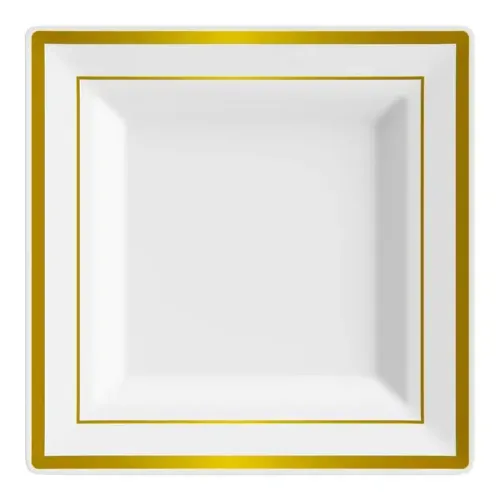 Square White Plastic Plate with Gold Bands - Set of 7