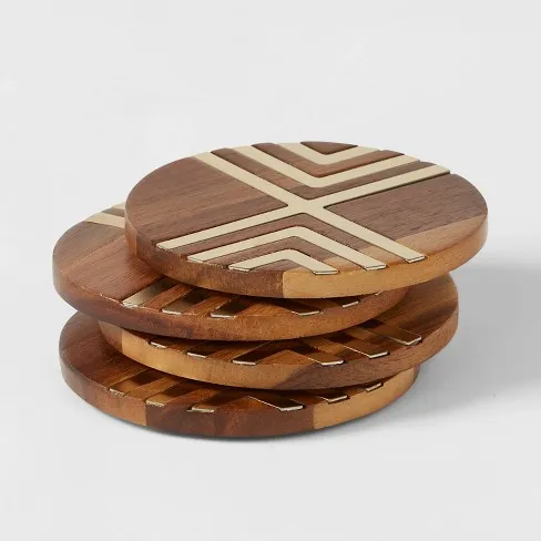 Natural Acacia Coasters with Gold Metal Detail 