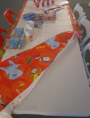Kids Tables 1.8mtr Long Seats 10 Chairs (Tablecloths recommended)