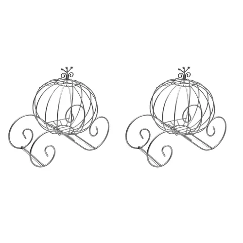Pair Of Silver Metallic Pumpkin Carriages Centerpieces with LED Lights