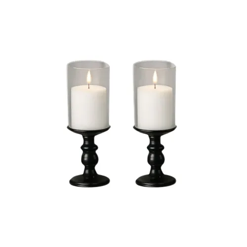 Pair of Black Pillar Candle Holders & LED Candles