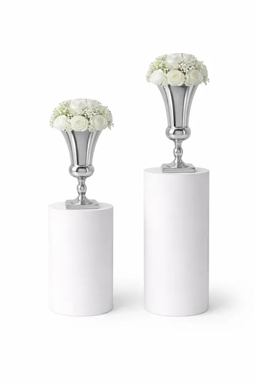 Silver Vases on White Pedestals