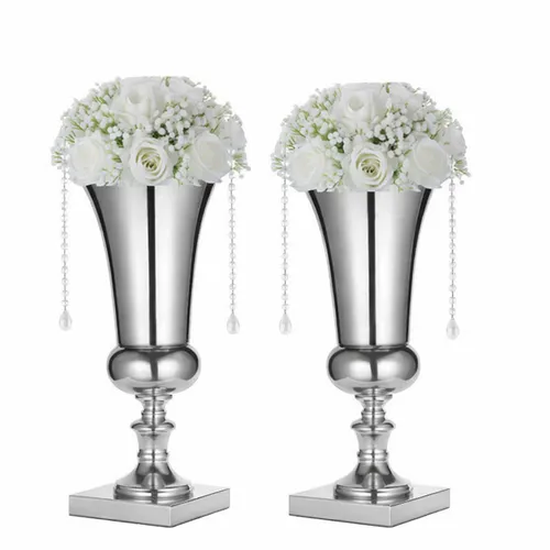 Pair of Silver Vases & White Flowers