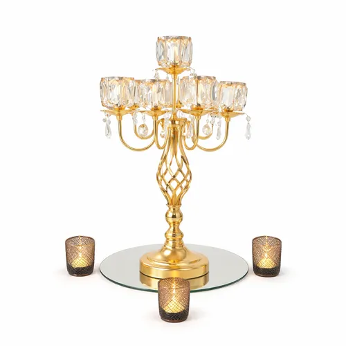 Gold & Glass 5 Arm Embellished Centerpiece with Flameless Tea Light Candles