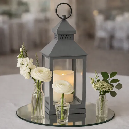 Grey Lantern with Bud Vases Centerpiece