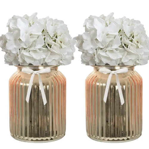 Pair of Small Ribbed Rose Gold Vases 