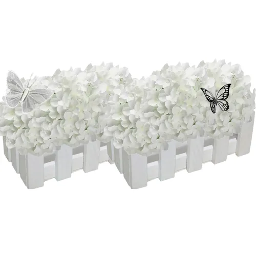 Pair of Small White Picket Fence Flower Holders with White Flowers