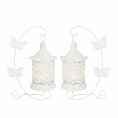 Pair of White Hanging Tea Light Lanterns with LED Candles