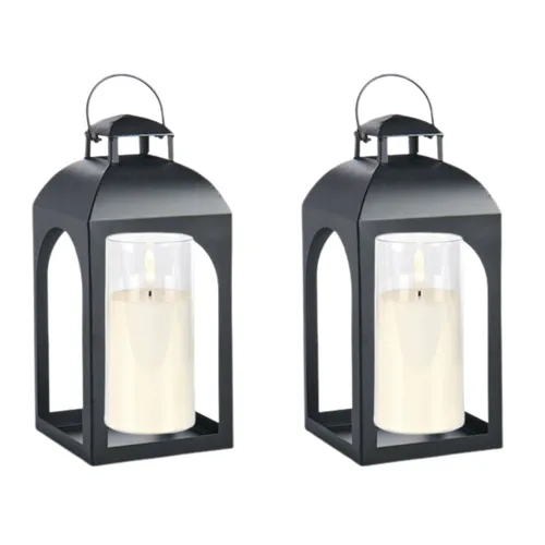 Pair of Large Black Lanterns with LED Candle