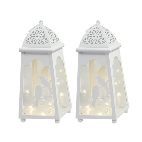 Pair of White  Metallic & Glass Lanterns 