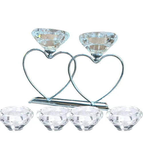 Double Heart Diamond Tea Light Holder Set