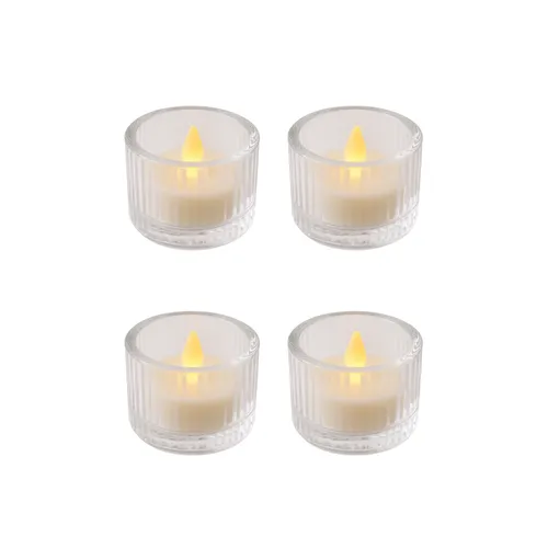 4 Small Clear Ribbed Glass Votives with LED Candles