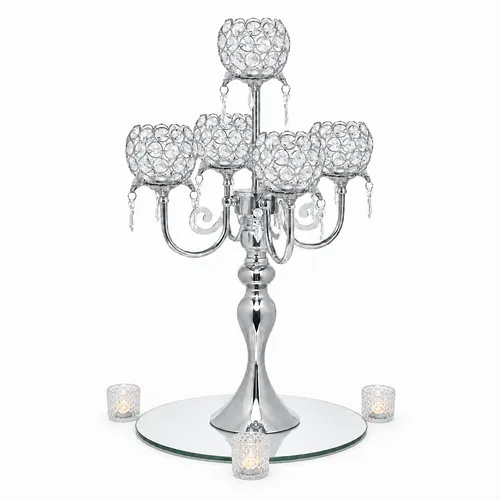 Silver 5 Arm Embellished Tea Light Holder