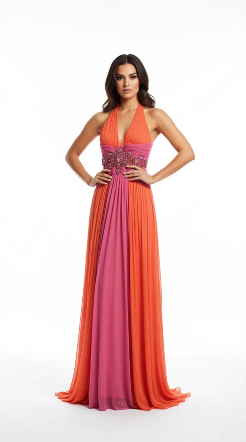 A445 Vestido Bicolor Coral y Fucsia Maxi Plisado tipo Chifón con Escote Halter y Cinturón de Pedrería