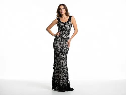 A504 Vestido Negro Maxi de Encaje con Escote Redondo y Transparencia