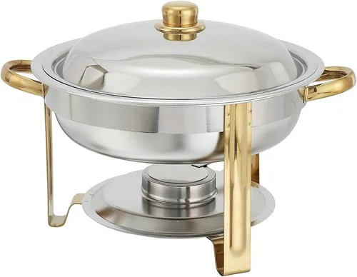 5 Qt Round Stainless Steel Chafing Dish with gold accent 