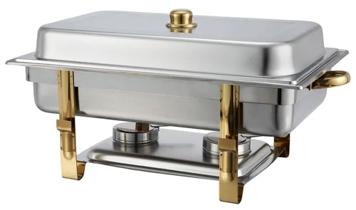 8 Qt. Stainless Steel Rectangle Chafing Dish with gold accent