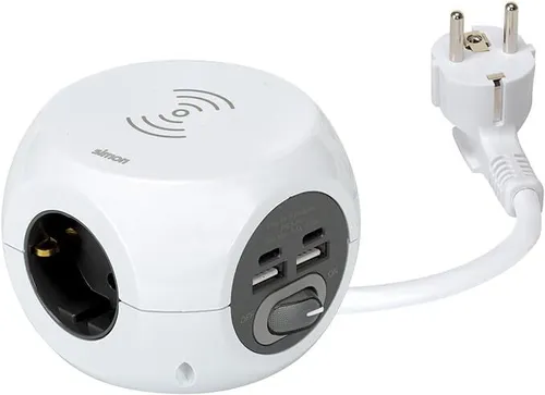 EOL COMBIBALL SOCKET UNIT - WHITE/GREY (3 x DE, 3 x USB-A, WIRELESS) 1.4M LEAD