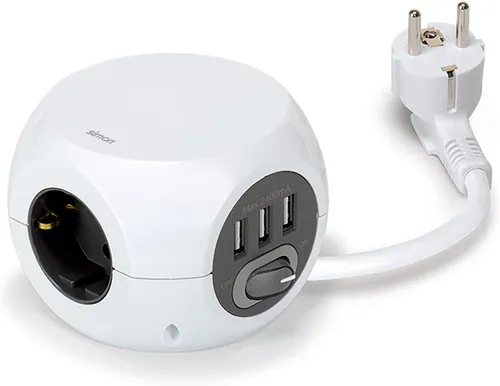 EOL COMBIBALL SOCKET UNIT - WHITE/GREY (3 x DE, 3 x USB-A) 1.4M LEAD