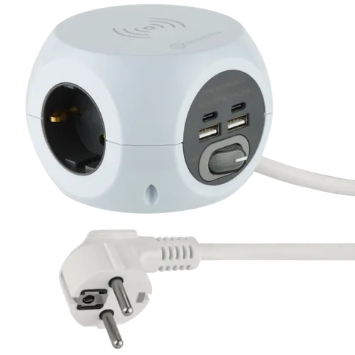 EOL MULTISOCKET SOCKET UNIT - WHITE/GREY (3x DE, 2 x USB-A, 2 x USB-C, WIRELESS) 1.5M LEAD
