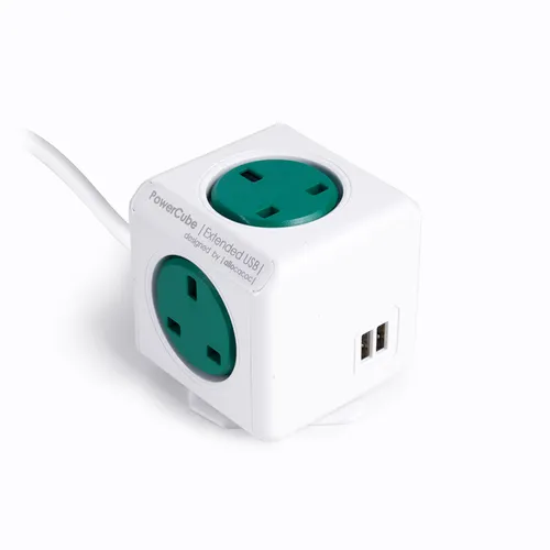 EOL POWERCUBE SOCKET UNIT - GREEN (4 x UK, 2 x USB) 1M LEAD