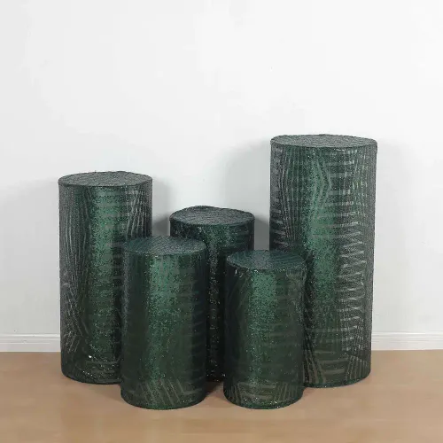 Set of 5 Hunter Emerald Green Sequin Mesh Cylinder Pillar Prop Covers with Geometric Pattern Embroidery, Sparkly Sheer Tulle Pedestal Stand Covers
