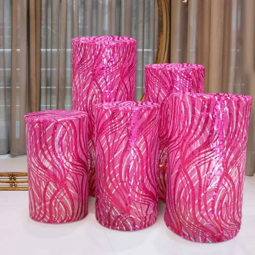 Set of 5 Fuchsia Wave Mesh Cylinder Pillar Prop Covers with Embroidered Sequins, Premium Pedestal Stand Covers