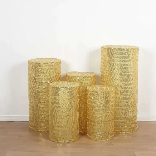 et of 5 Gold Sequin Mesh Cylinder Pillar Prop Covers with Geometric Pattern Embroidery, Sparkly Sheer Tulle Pedestal Stand Covers