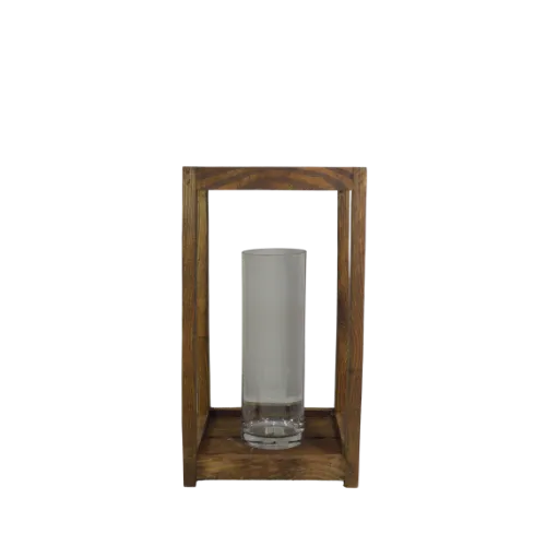 RUSTIC WOODEN LANTERN W/CYLINDRICAL VASE - BROWN (M) 10