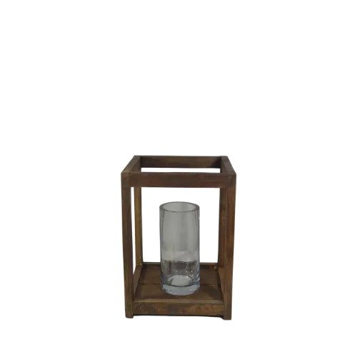 RUSTIC WOODEN LANTERN W/CYLINDRICAL VASE - BROWN (S) 10