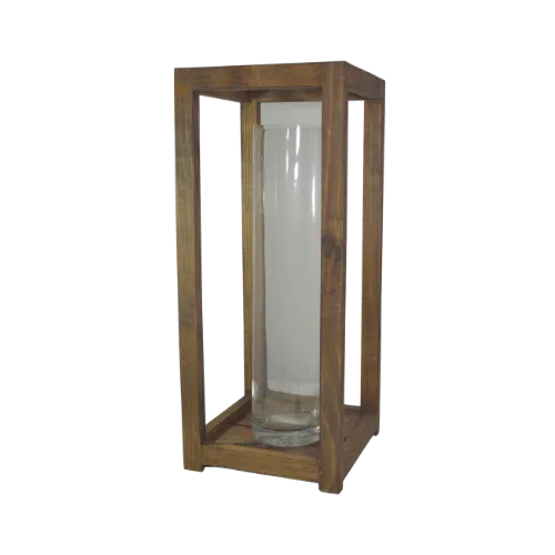 RUSTIC WOODEN LANTERN W/CYLINDRICAL VASE - BROWN (L) 10