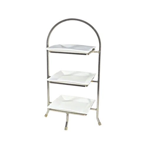 18” 3-TIERED SILVER DESSERT STAND - WHITE PLATTERS 18” x 10”