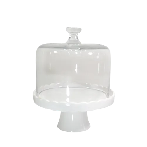 SCALLOPED  CERAMIC CAKE STAND EDGE W/ GLASS DOME - WHITE 