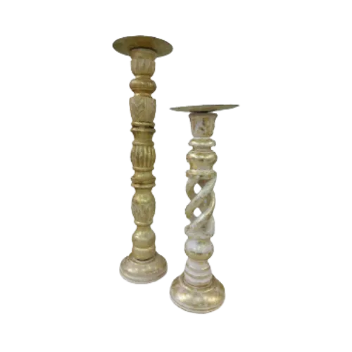 WOODEN ANTIQUE CANDLEHOLDER (WHITE AND GOLD) - LARGE