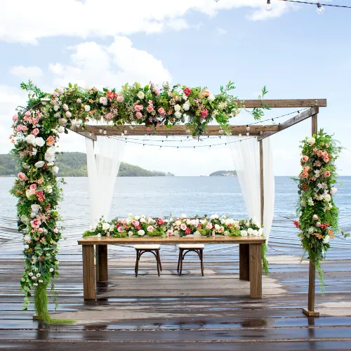 10ft WOODEN PERGOLA W/ FABRIC DRAPES - 10ft x 10ft
