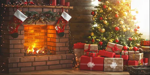 Holiday Backdrop - Winter Christmas Trees & Fireplace