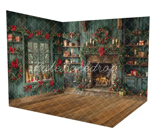 Holiday Backdrop - Retro Green Fireplace
