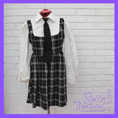 Plaid Print Pinafore Dress With Shirt & Tie