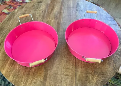 Pink Metal Serving Trays with Wooden Handles (Set of 2)