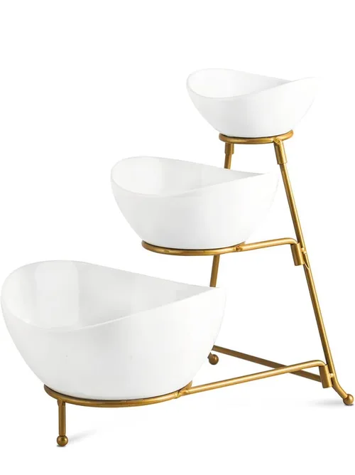 3 Tier Serving Stand Oval Serving Bowls- Gold ( 7oz, 17.5oz, 45oz)