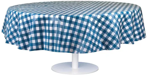 Premium Round Disposable Plastic Tablecloth -Blue & White Checker