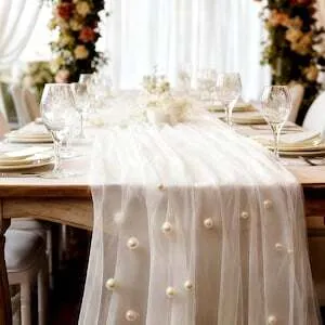 White Pearl Bead Tulle Runner