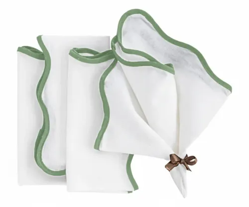 White & Sage Green Scalloped Cloth Napkin 