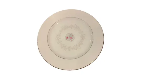 White Plate with Floral Center and Silver Trim - Dessert