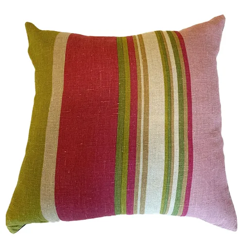Pink & Green Striped Linen Cushion Cover