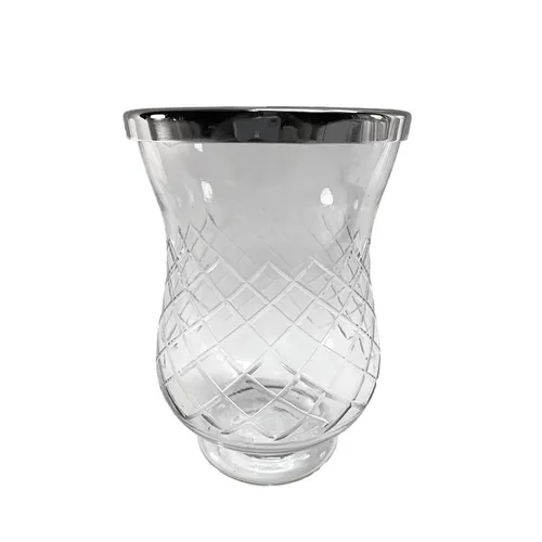 Cut Glass Hurricane Vase with Silver Rim